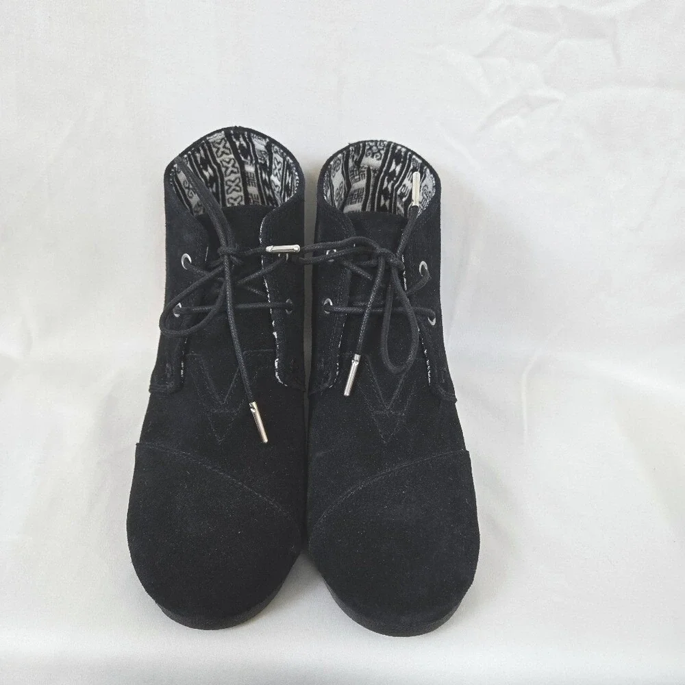Toms Women Black Suede Desert Wedge Heel Lace Up Round Toe Chic Ankle Booties 10